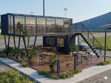 Container Cafe Ghép 2 Tầng Chữ L 20 Feet x 40 Feet Xanh Dương