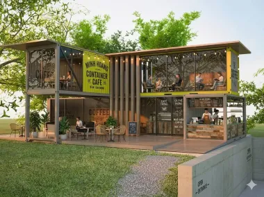 Container Cafe Ghép 2 Tầng Chữ L Xám Khung Kính Tạo Không Gian Mở