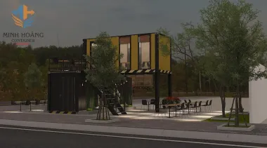 Container Cafe 2 Tầng (Ghép 2 Thùng 20ft) Có Toilet - Vàng Viền Đen Nổi Bật