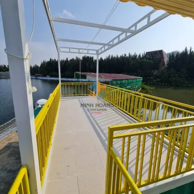 Container Cafe 20 Feet Xanh Viền Trắng Có Sân Thượng