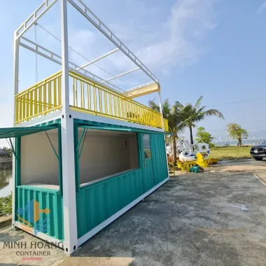 Container Cafe 20 Feet Xanh Viền Trắng Có Sân Thượng