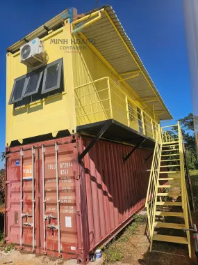 Container Nhà Ở 40 Feet Vàng Kem Ốp Gỗ Có Toilet Hiện Đại 