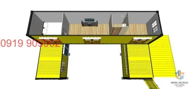 Mẫu nhà container ghép 2 tầng (1x40ft + 2x20ft) vàng viền đen hiện đại