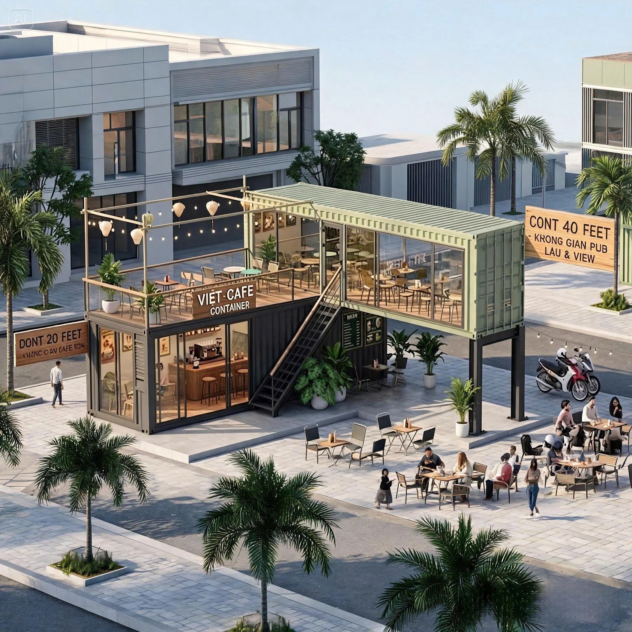 Container Cafe Ghép 2 Tầng Chữ L 2 x 40 Feet