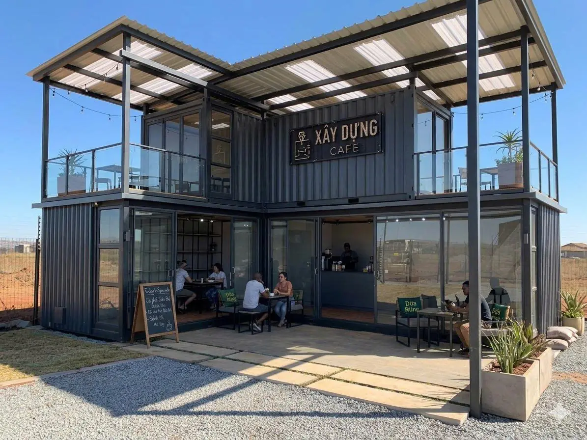 Container Cafe Ghép Nhiều Container Dạng 2 Tầng Xanh Dương Có Mái Che