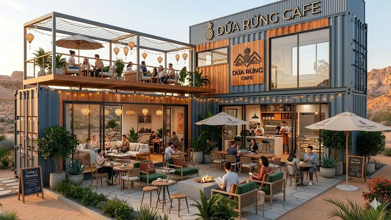 Container Cafe Ghép 2 Tầng Chữ L 3 x 40 Feet