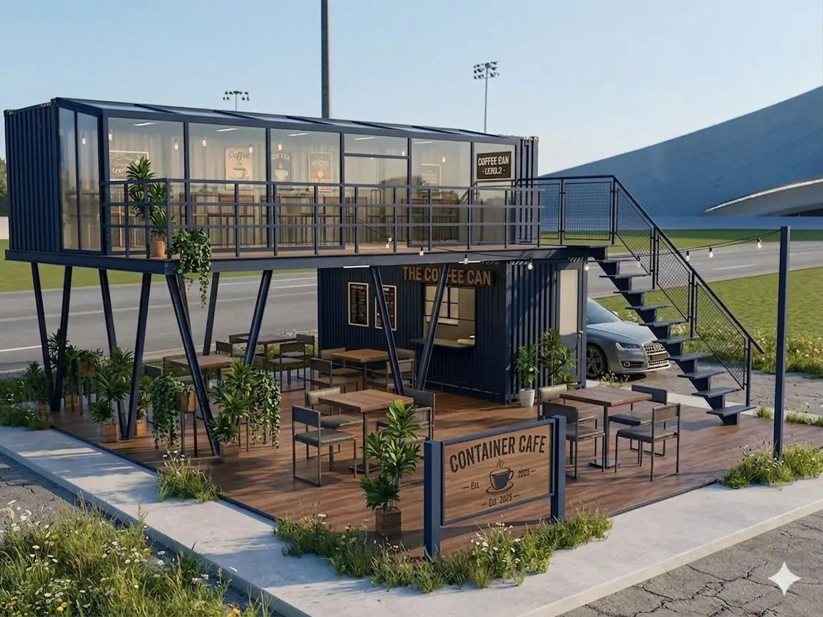 Container Cafe Ghép 2 Tầng Chữ L 20 Feet x 40 Feet Xanh Dương
