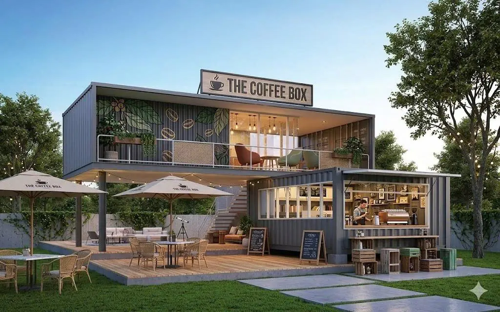 Container Cafe Ghép 2 Tầng Chữ L 20 Feet x 40 Feet Xám