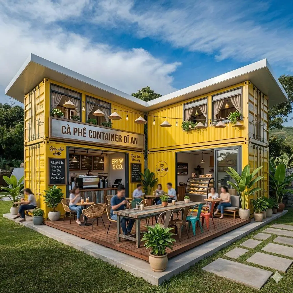 Container Cafe Ghép 2 Tầng Chữ L 4 x 20 Feet Vàng