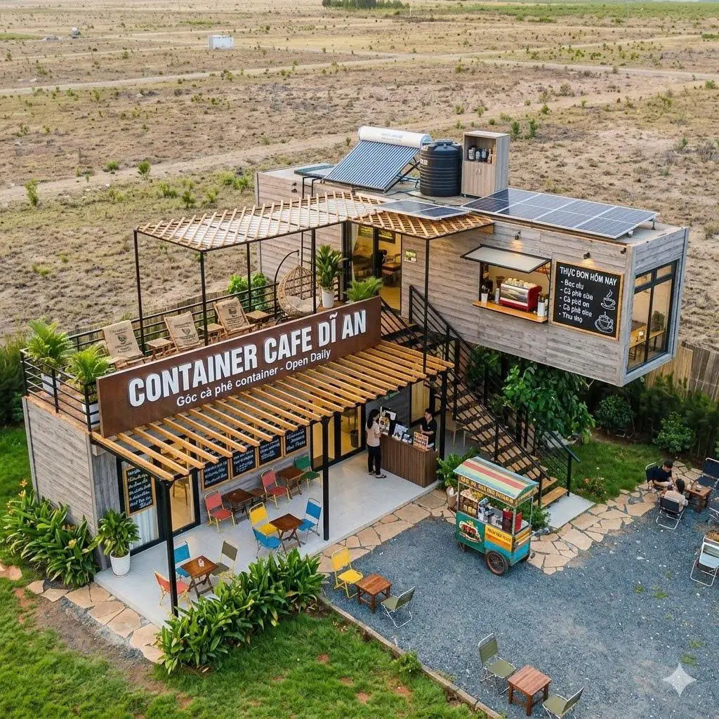 Container Cafe 2 Tầng Ghép Chữ L Ốp Gỗ  2 x 40 Feet