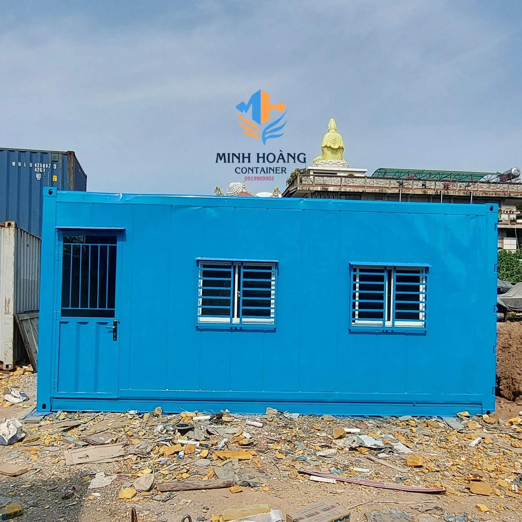 Container văn phòng 20 feet xanh dương đầy đủ điện đèn quạt máy lạnh