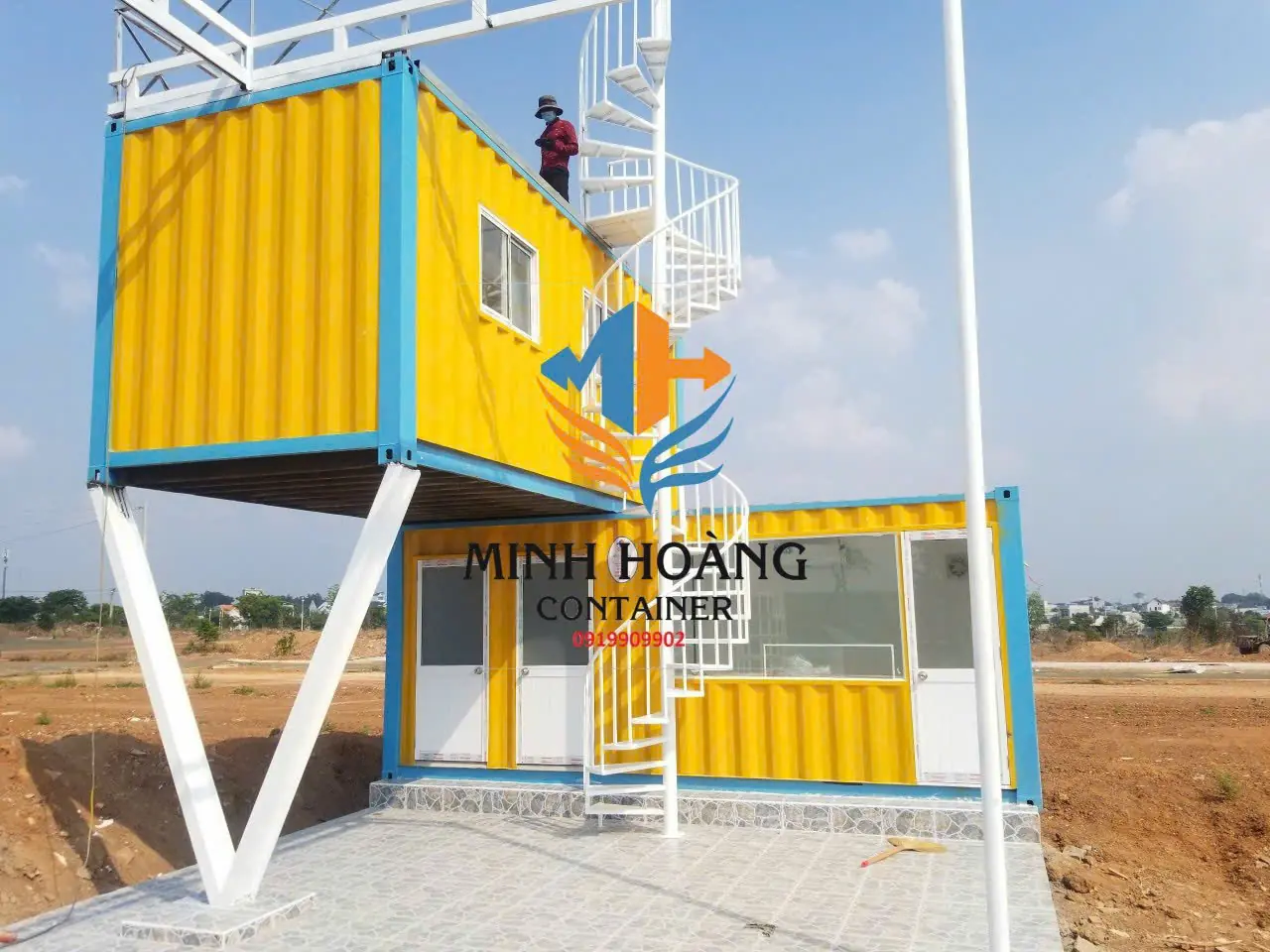 Container văn phòng 2 tầng 2x20 feet vàng viền xanh