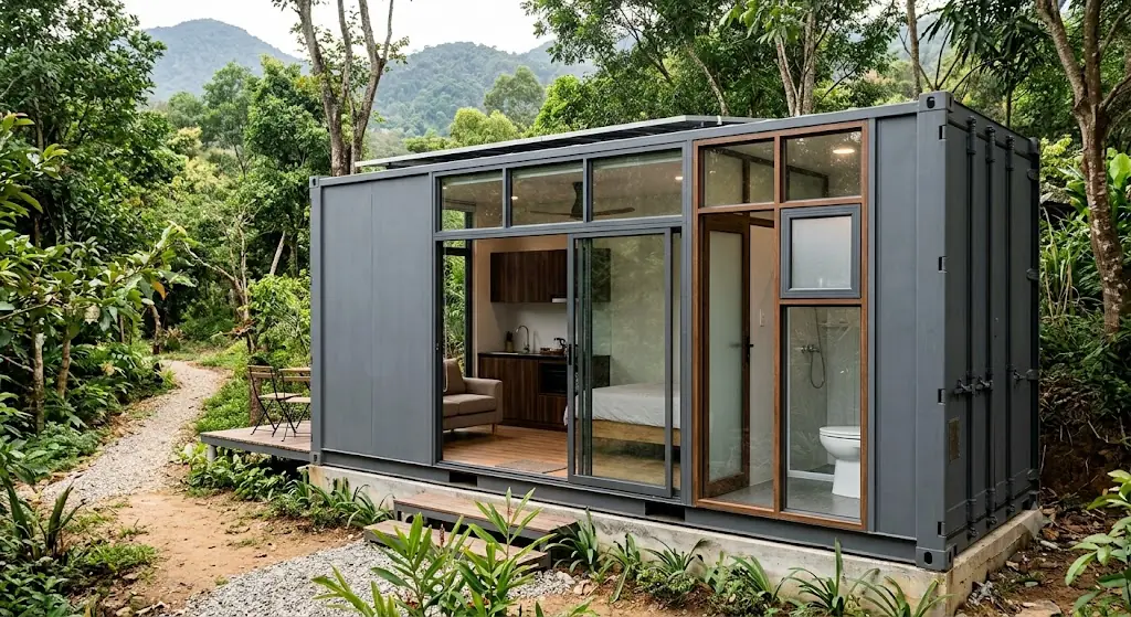 Container Homestay 20 Feet Khung Kính Có Toilet Xám