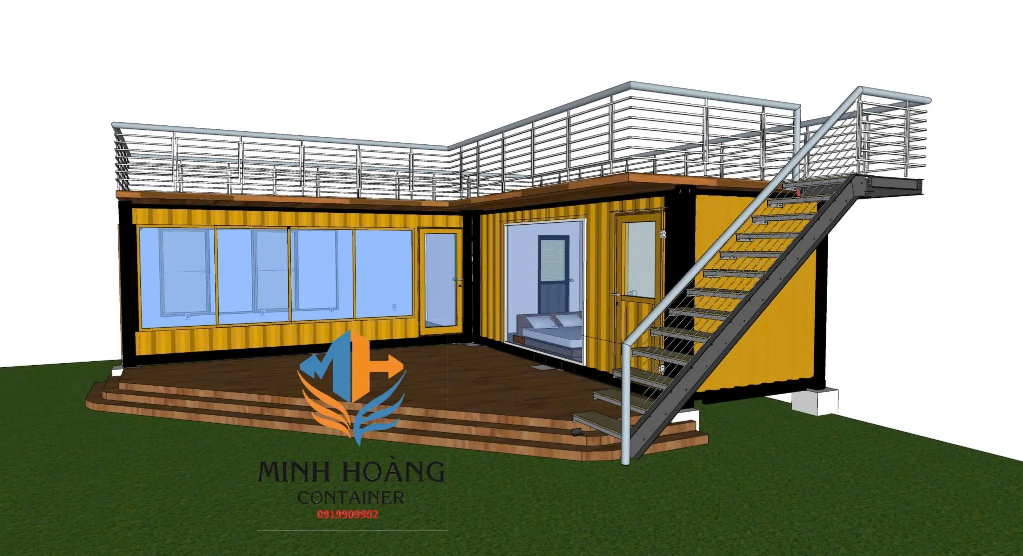 Thiết Kế Nhà Container Chữ L 2x20 Feet Dạng Kính: Tối Ưu Diện Tích, Tích Hợp Ban Công Rộng