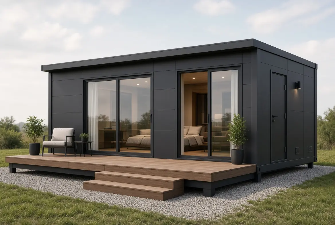 Container Homestay 20 Feet Đen Cửa Kính Không Gian Mở