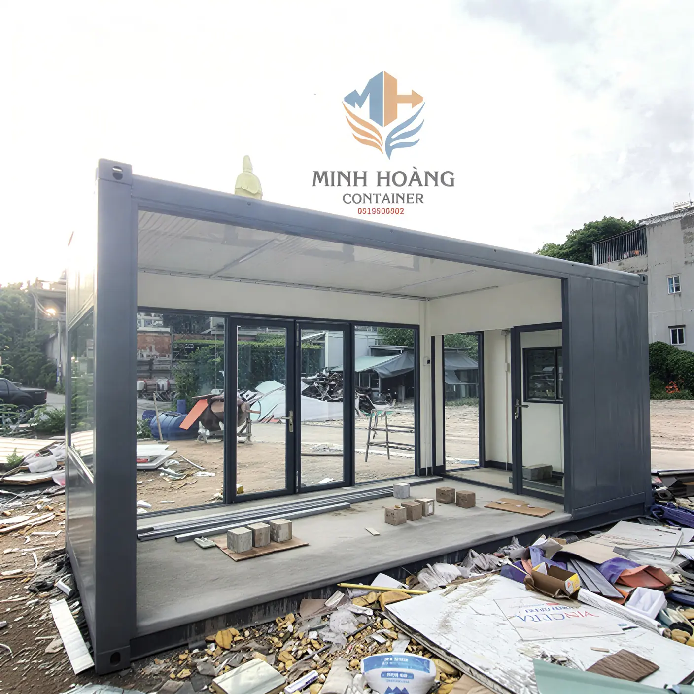 Thiết Kế Nhà Container Chữ L 2x20 Feet Dạng Kính: Tối Ưu Diện Tích, Tích Hợp Ban Công Rộng