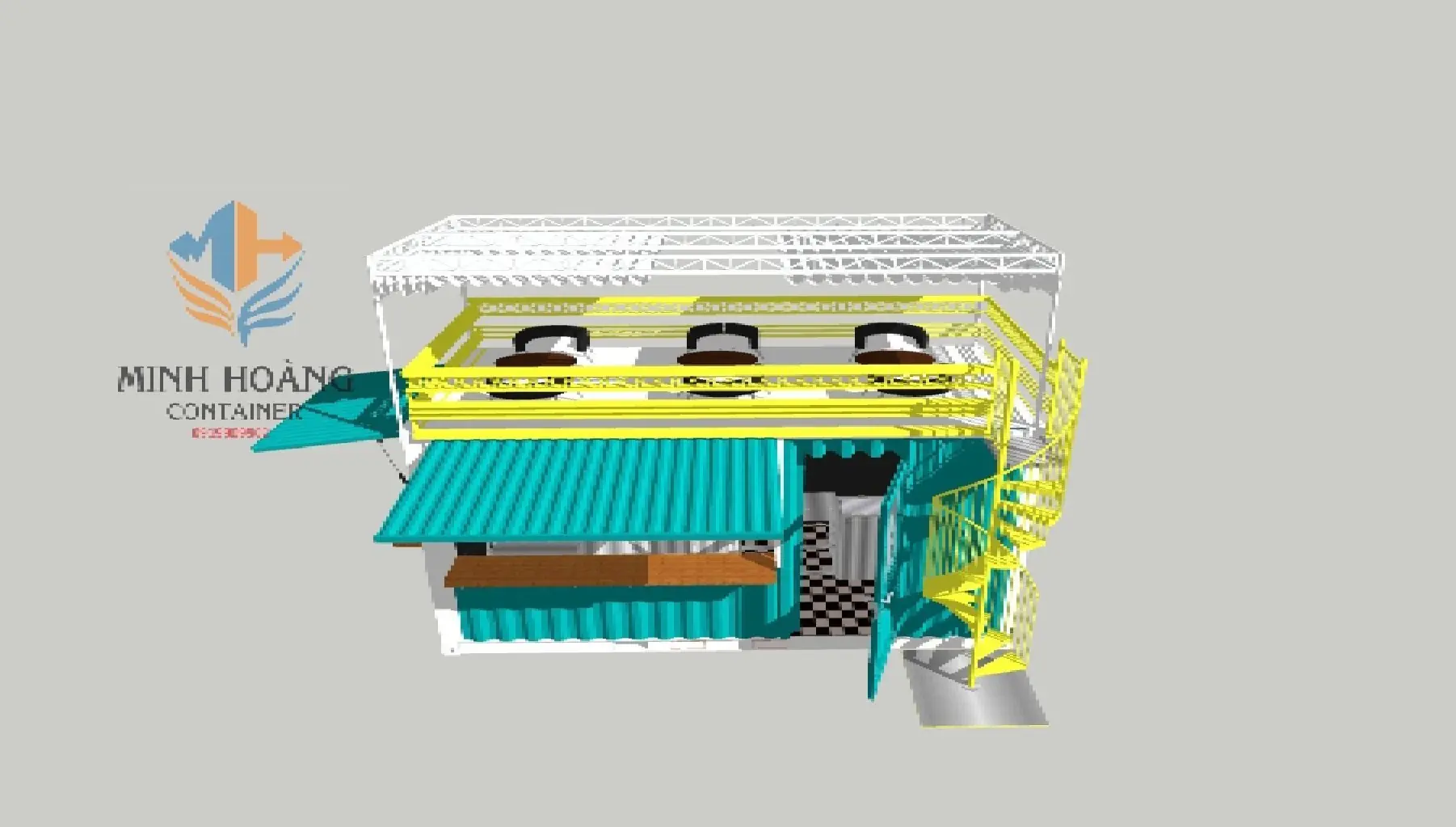 Mẫu Thiết Kế Container Cafe 20 Feet Có Sân Thượng Và Mái Che